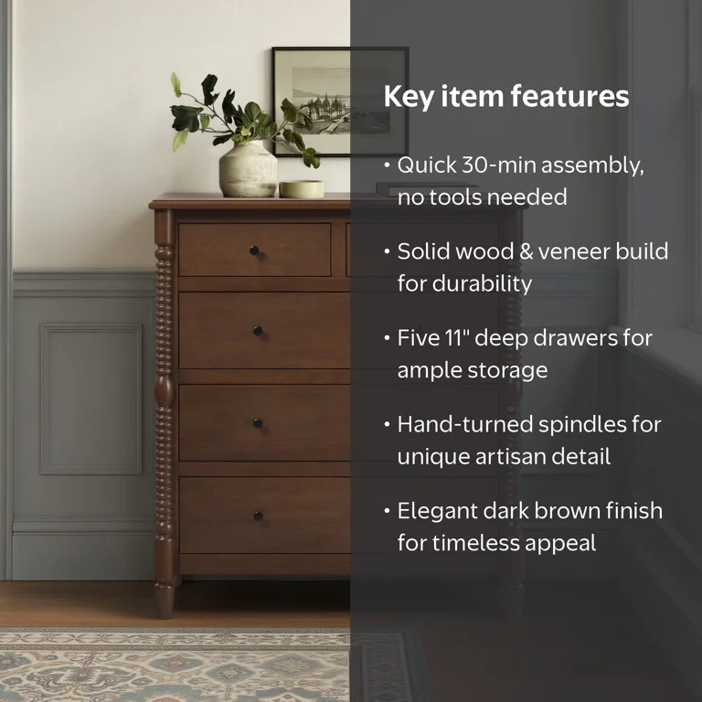 Walker Edison, Dresser, Dark Brown, 5-Drawer Solid Wood - Walmart.com