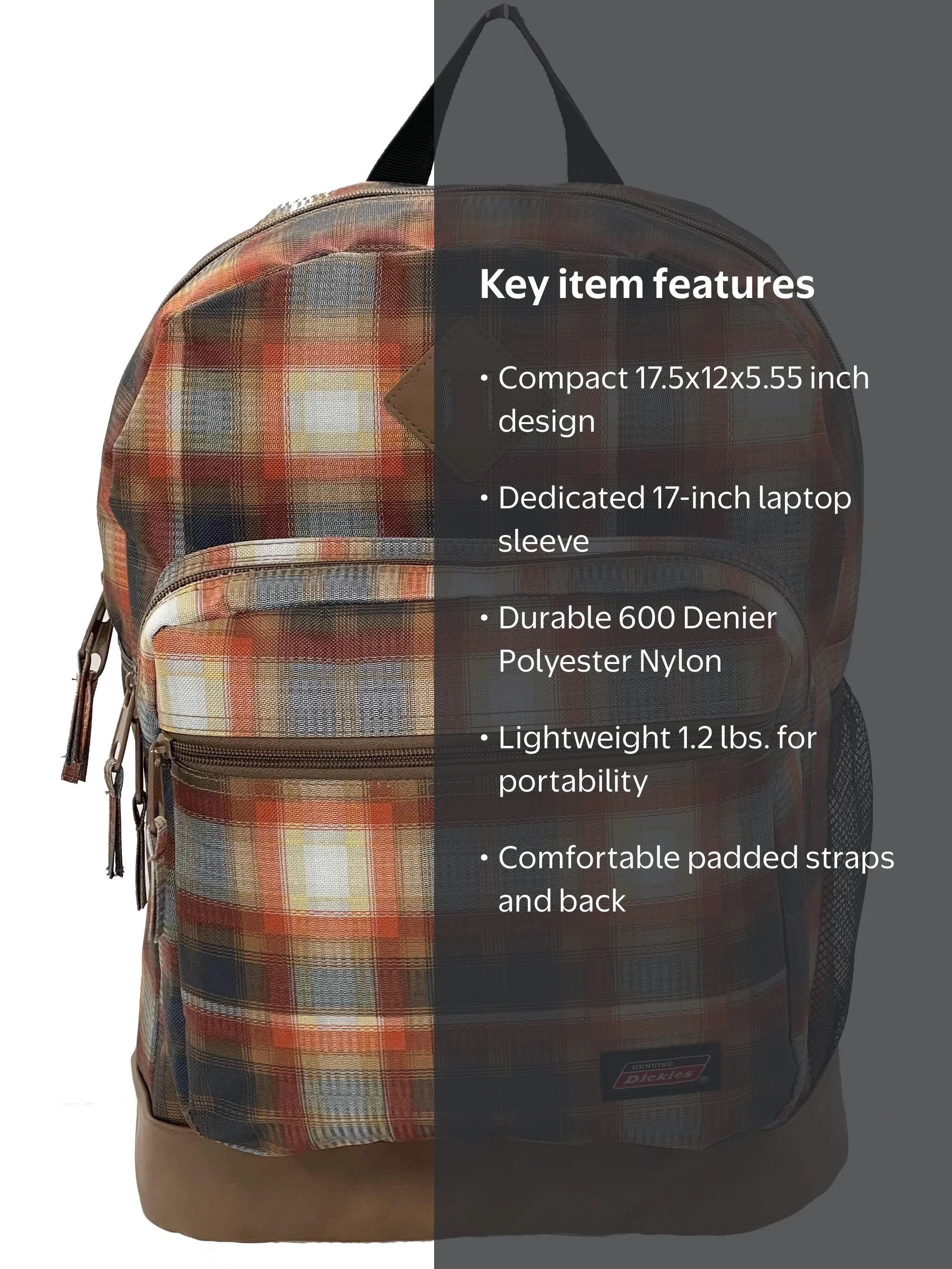 dickies checkered mini backpack The bag features a large main compartment with internal laptop sleeve and a front zip pocket Dickies Red Green Plaid Mini