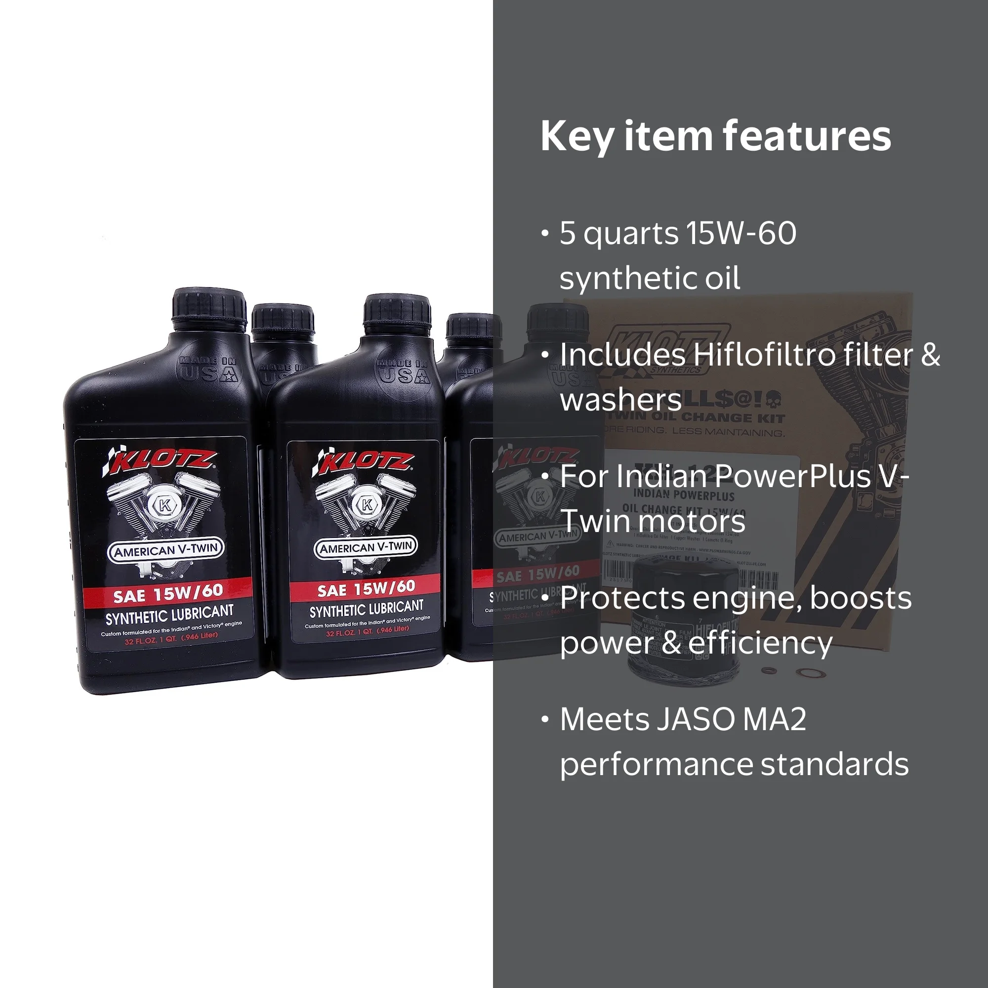 Klotz, Synthetic Oil Change Kit, 15W-60, for Indian PowerPlus