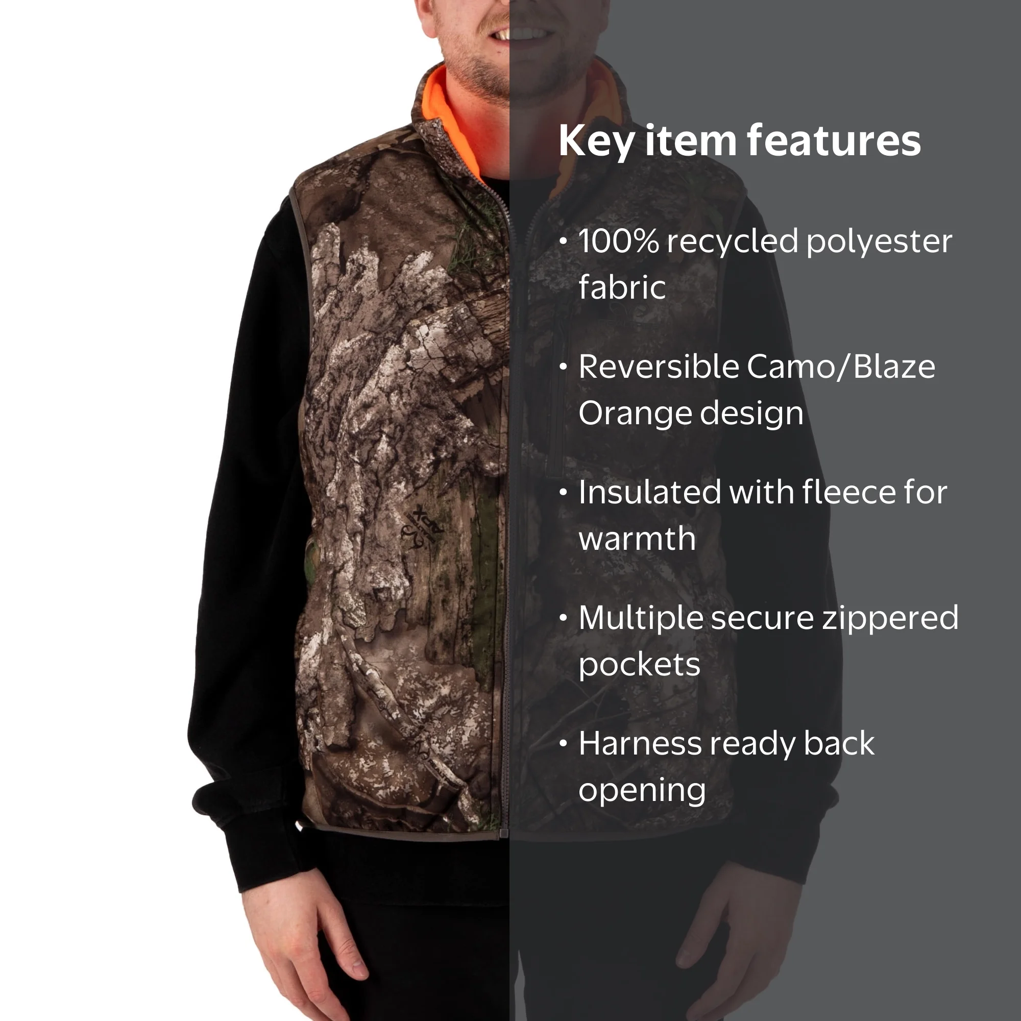 Realtree Men's Reversible Camo and Blaze Full-Zip Hunting Vest