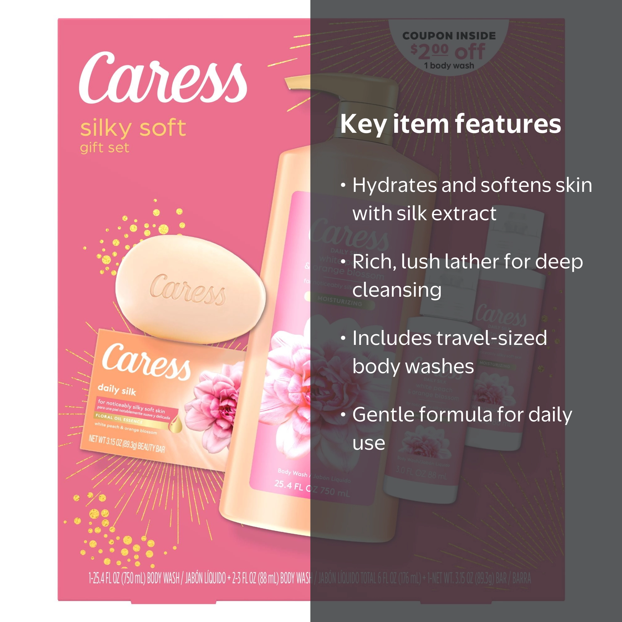 Caress Daily Silk Female Gift Pack: 25.4oz Body Wash, Bar Soap