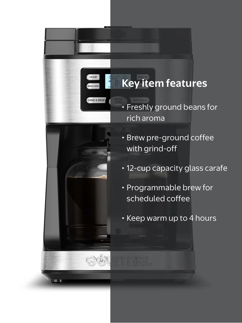 Gourmia, Coffee Maker, 12-Cup, Grind and Brew with Built-in