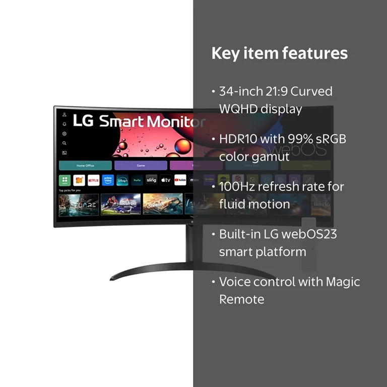 LG 34 Inch Smart Monitor WQHD Curved Screen 1440P 100Hz Adjustable