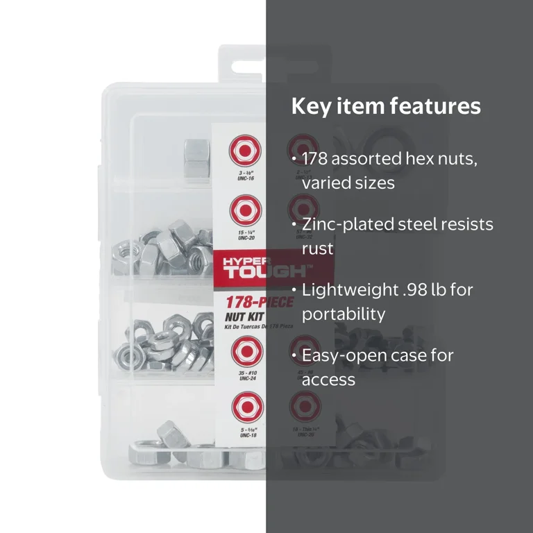 Hyper Tough 178-Piece Hex Nut Assortment, Carbon Steel, Zinc