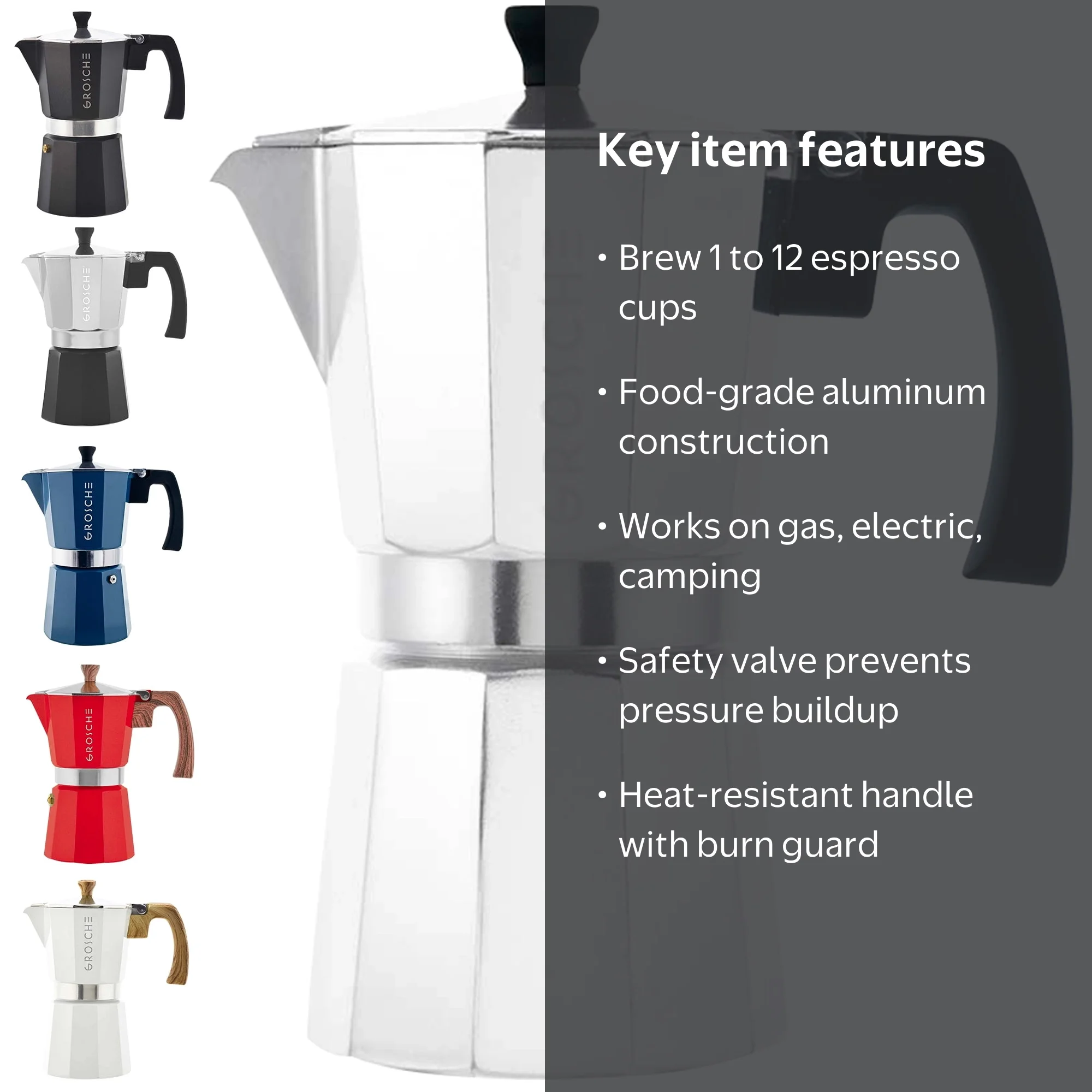 GROSCHE, Stovetop Espresso Maker, 9 Espresso Cups, Silver