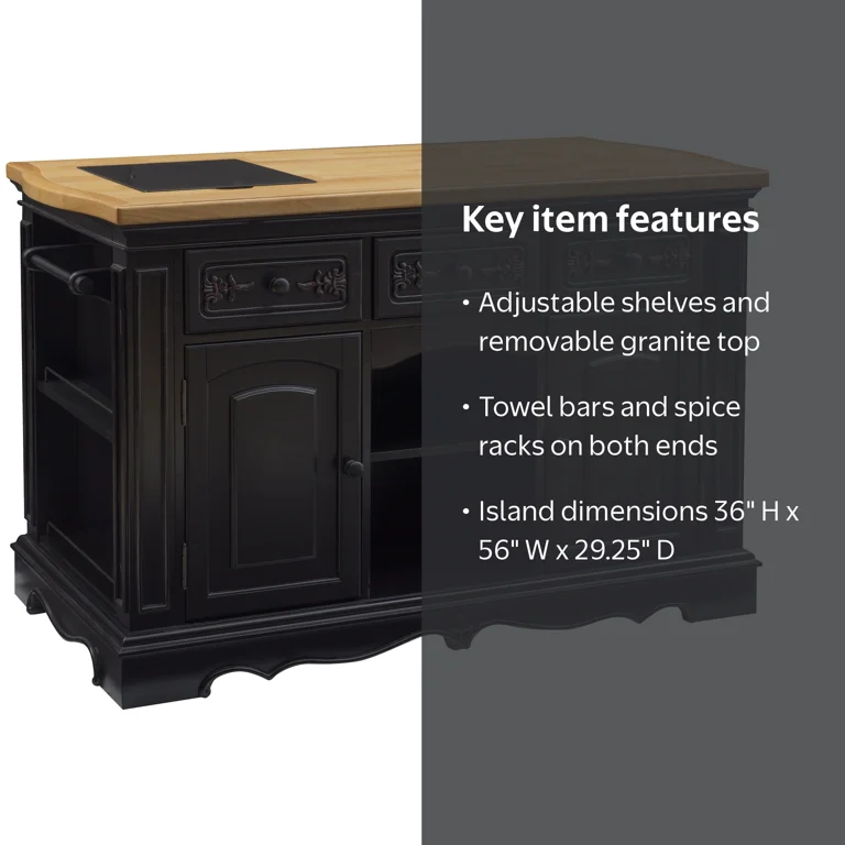 Linon Pennfield Kitchen Island Natural Top Ample Storage in Black