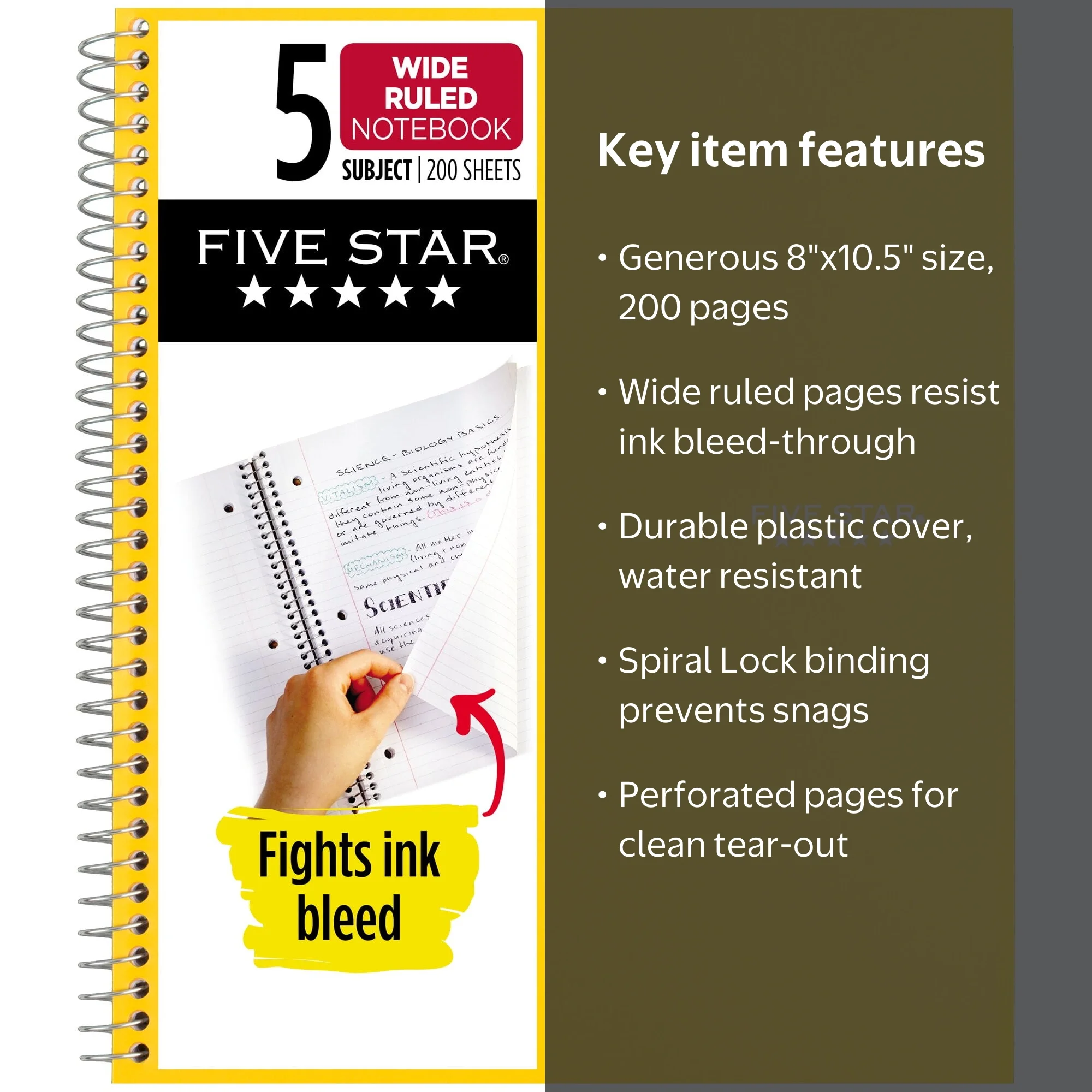Five Star Spiral Notebook, 5 Subject, Wide Ruled, 10 1/2