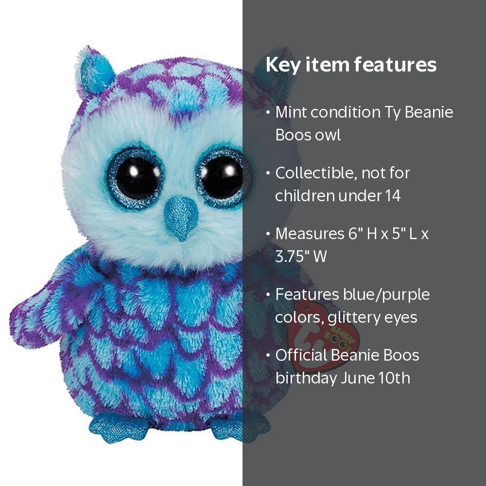 Ty Beanie Boos Oscar Toy Stuffed Animal - Blue/Purple Owl Plush