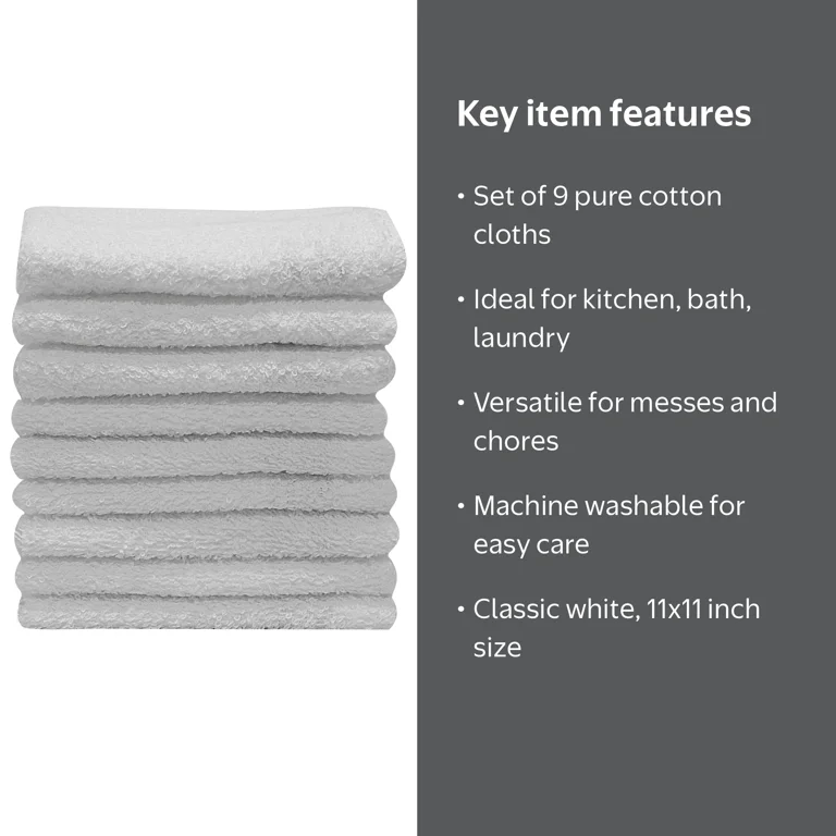 Mainstays 9-Pack Dishcloth Set, White, 100 Percent Cotton, 11 x 11