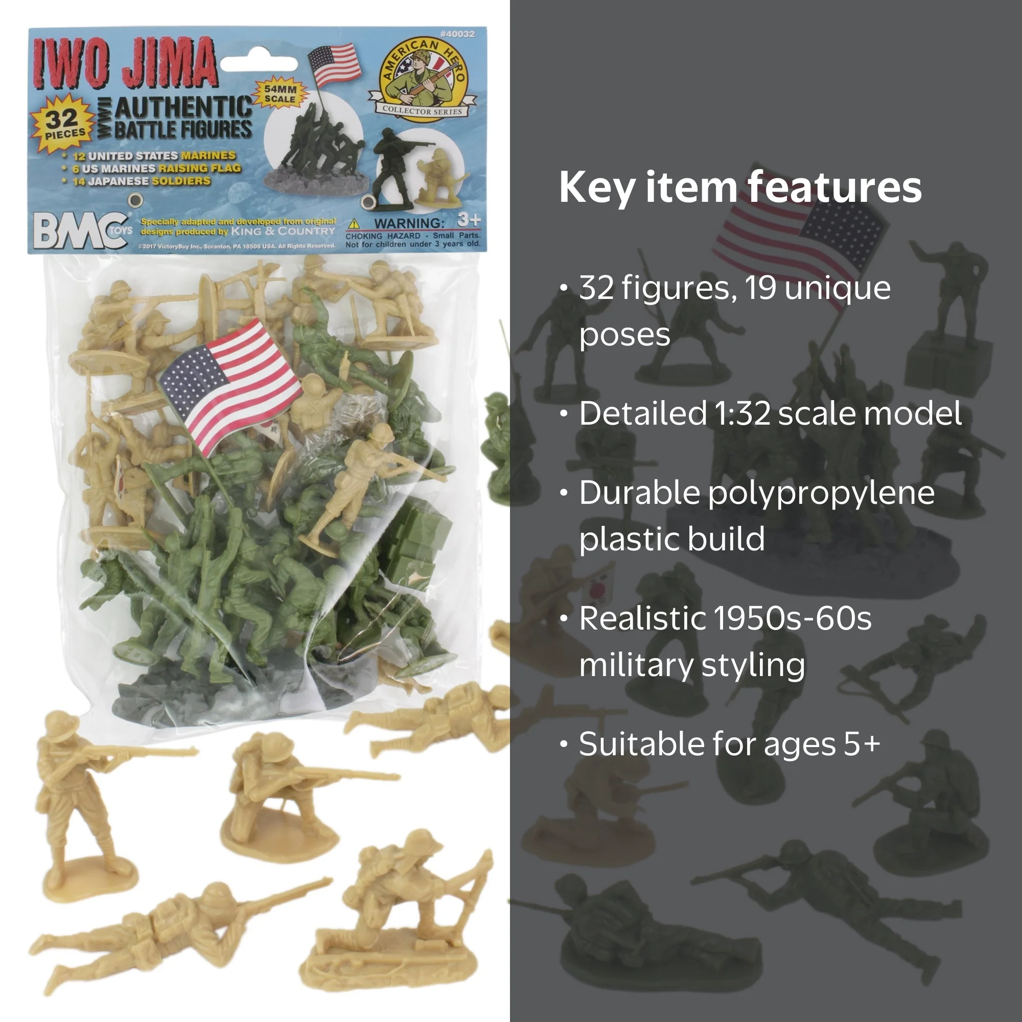 BMC WW2 Iwo Jima Plastic Army Men - 32 American & Japanese Figures
