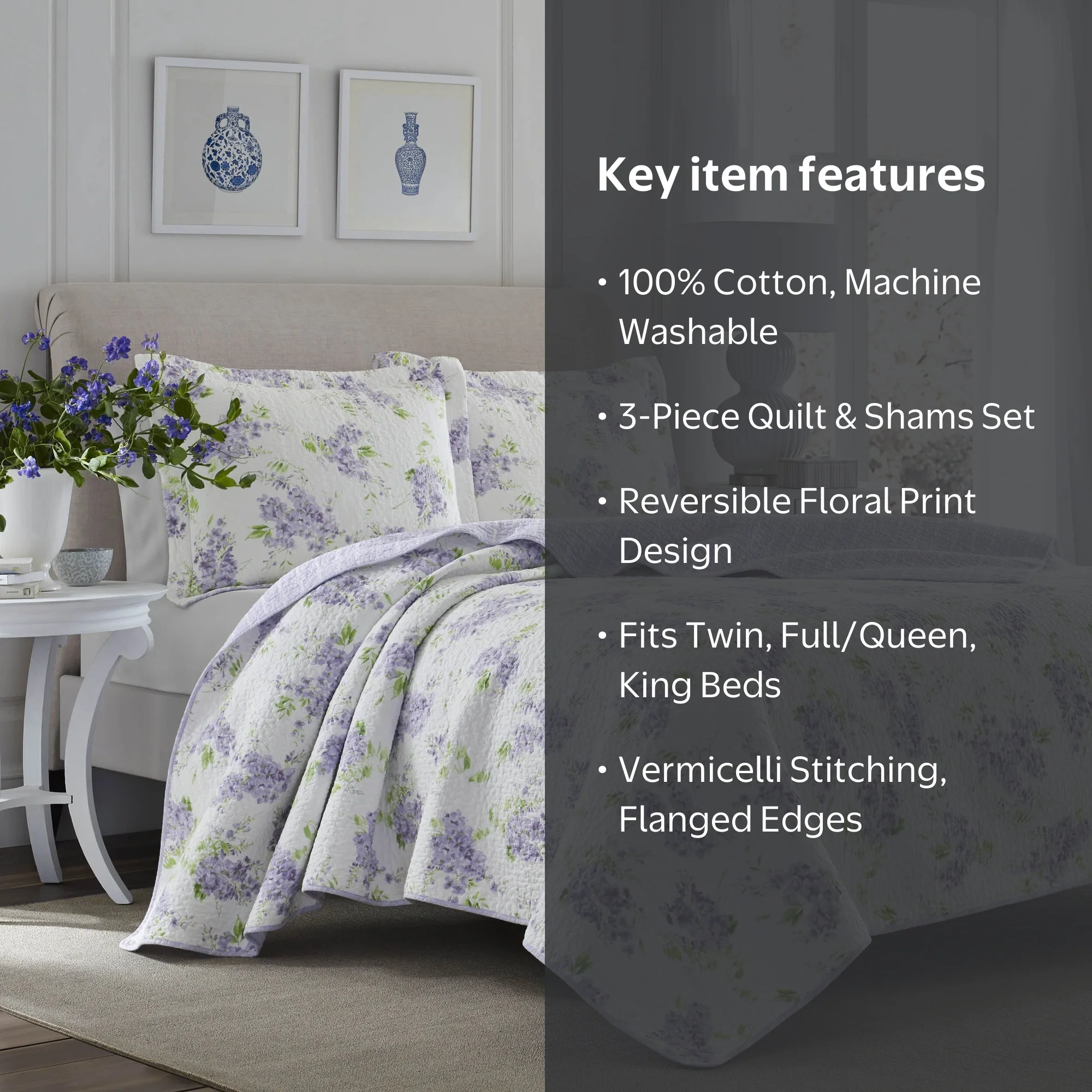 Laura Ashley Keighley Lilac Cotton 3-Piece Quilt Set - Walmart.com