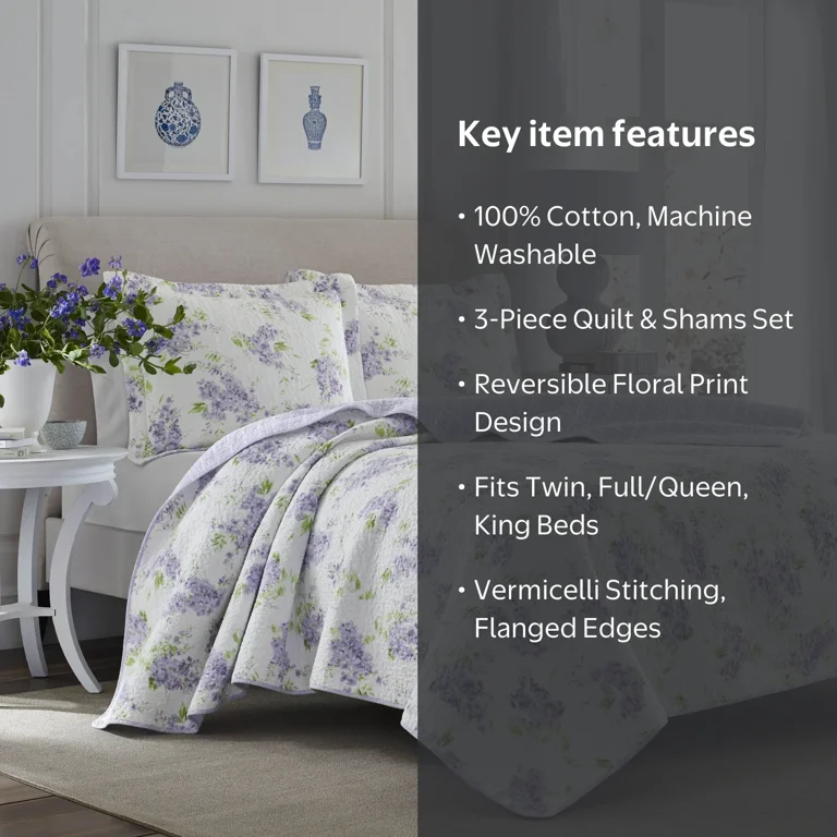 Laura Ashley Keighley Lilac Cotton 3-Piece Quilt Set - Walmart.com