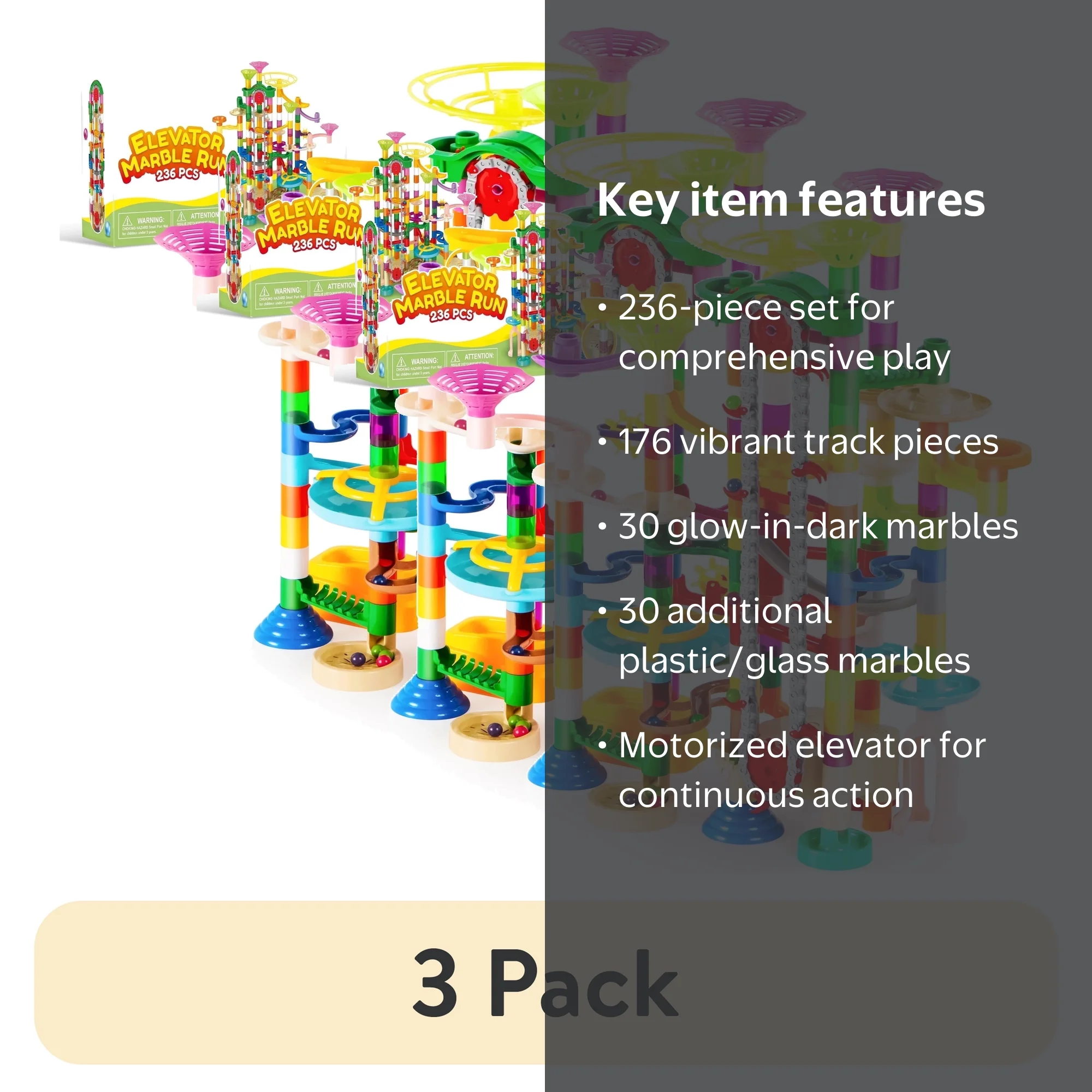 3 pack) Joyfy 236 Pcs Glowing Marble Run with Motorized Elevator