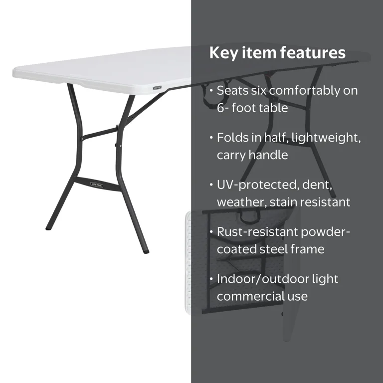 Lifetime, Fold-in-Half Rectangle Table, 6 ft, Indoor Outdoor White