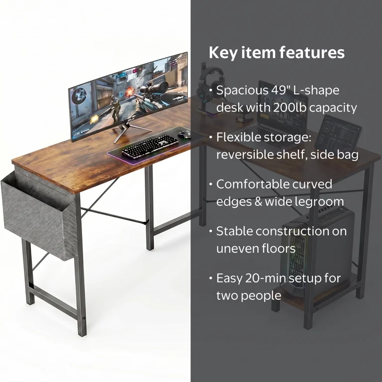 Walmart Spacious Corner Desk with CPU Stand, L-Shaped 49-Inch
