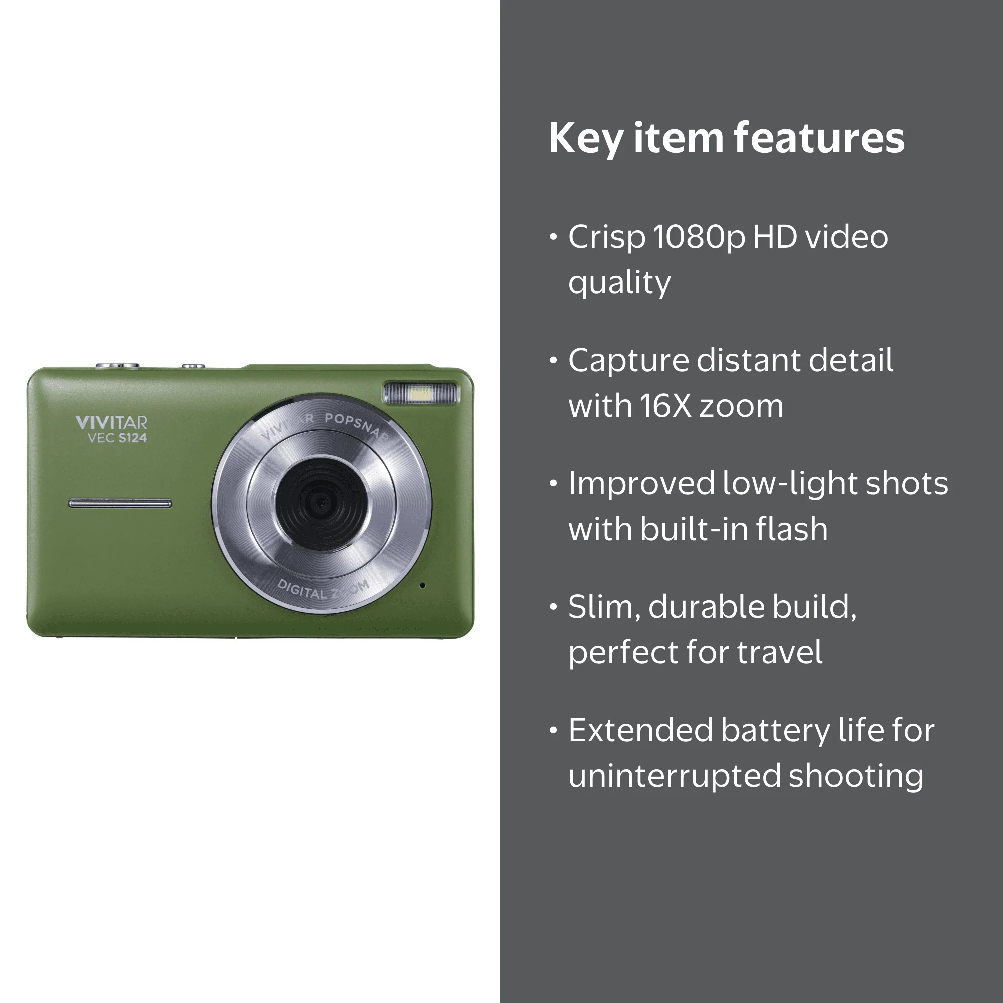 Vivitar Popsnap Compact Digital Camera, Green, 16X Zoom, 1080p
