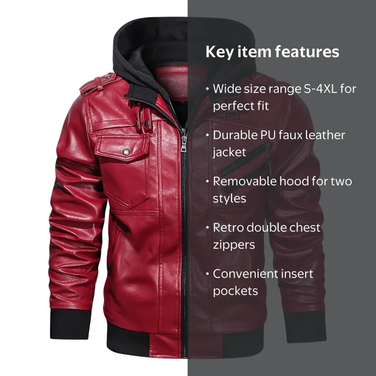 HOOD CREW, Men's Pu Faux Leather Jacket, size L, Removable Hood