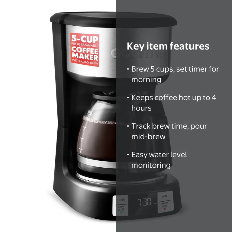 Gourmia, 5 Cup Programmable Coffee Maker, Brew Later, Black Gourmia, 5 Cup Programmable Coffee Maker, Brew Later, Black
