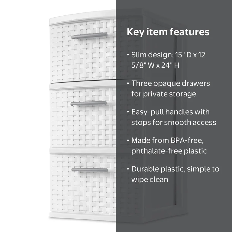 Sterilite 3 Drawer Weave Tower, Plastic Décor Drawers with Pull