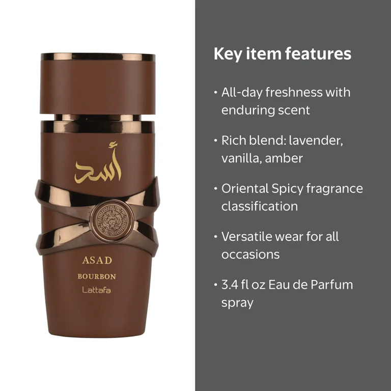 Lattafa Men's Asad Bourbon Perfume, Amber Spicy EDP Spray 3.4 oz