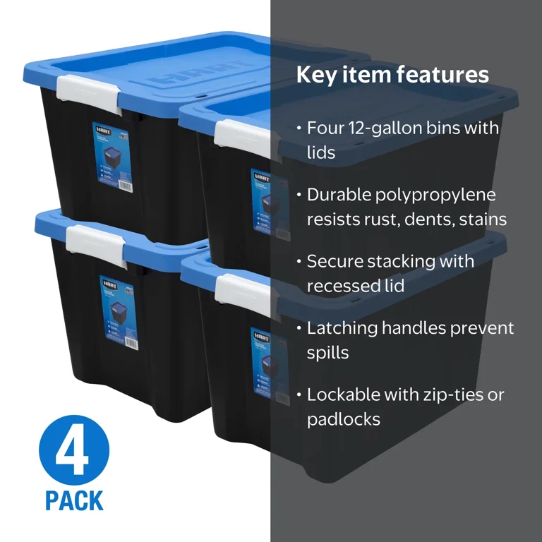 HART 12 Gallon Heavy Duty Latching Plastic Storage Bin Container