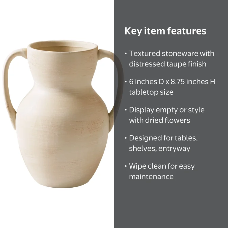 Better Homes & Gardens Ceramic Handled Distressed Vase, 8.75 inch, Taupe