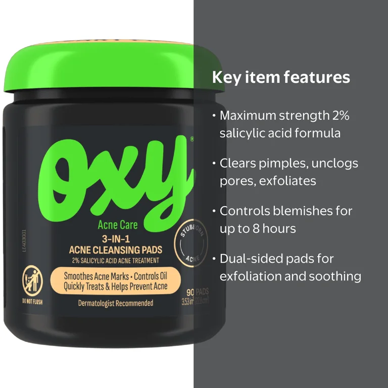 Oxy 3-IN-1 Acne Facial Cleansing Pads, Salicylic Acid, 90 Pads HSA