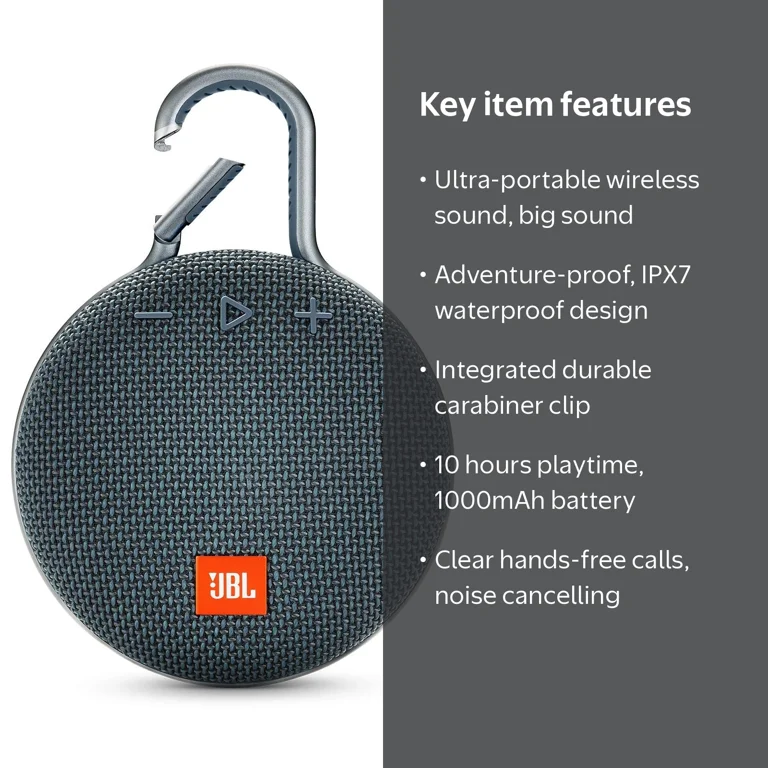 JBL, Portable Bluetooth Speaker, Clip 3, Waterproof with Carabiner