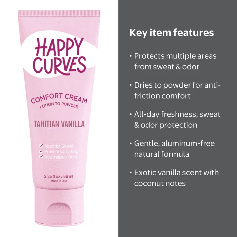 Happy Curves Lotion to Powder, Aluminum Free Anti Chafing Cream for Women, Tahitian Vanilla, 2.25 oz