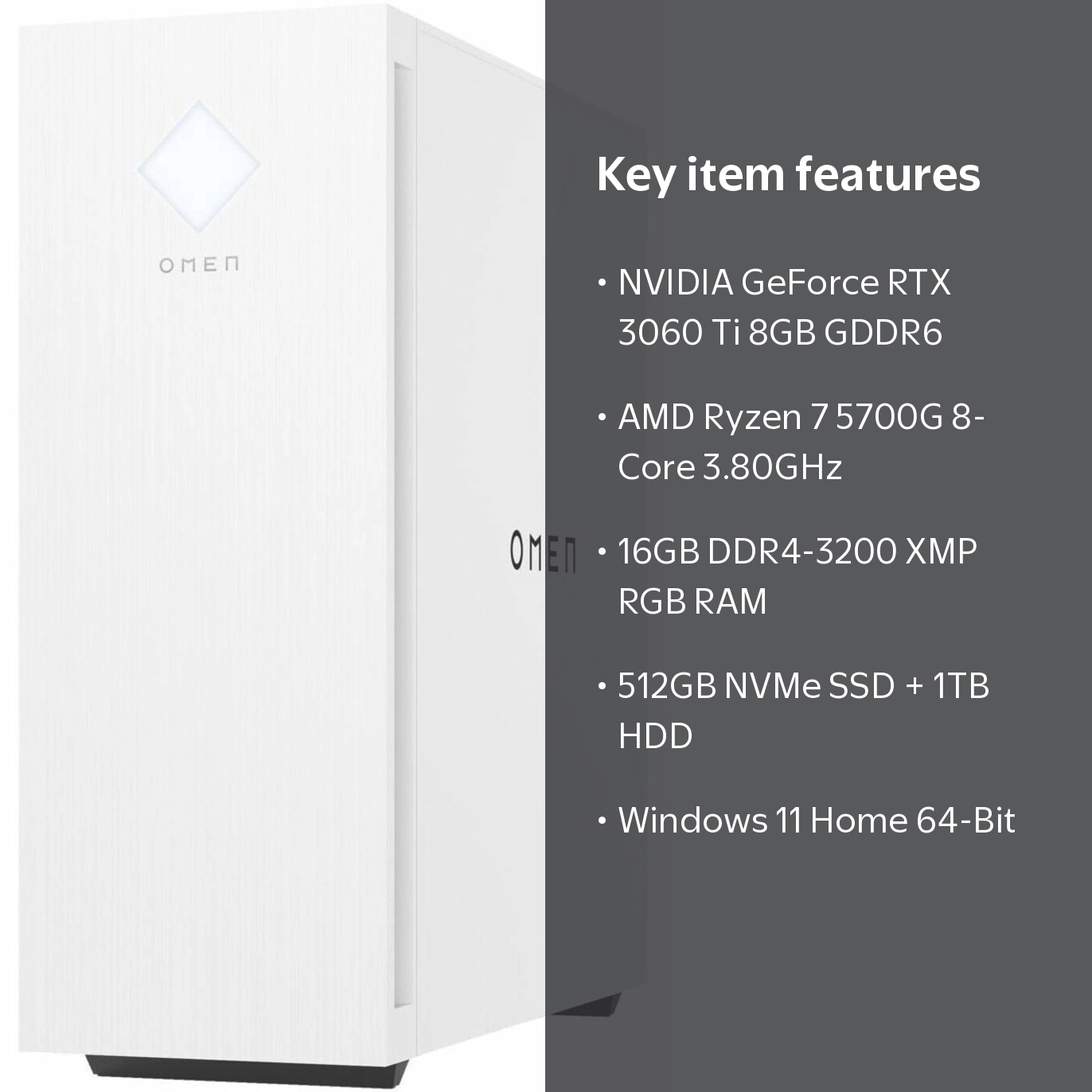 HP OMEN 25L Gaming PC, AMD Ryzen 7 5700G, 16GB HyperX DDR4, NVIDIA