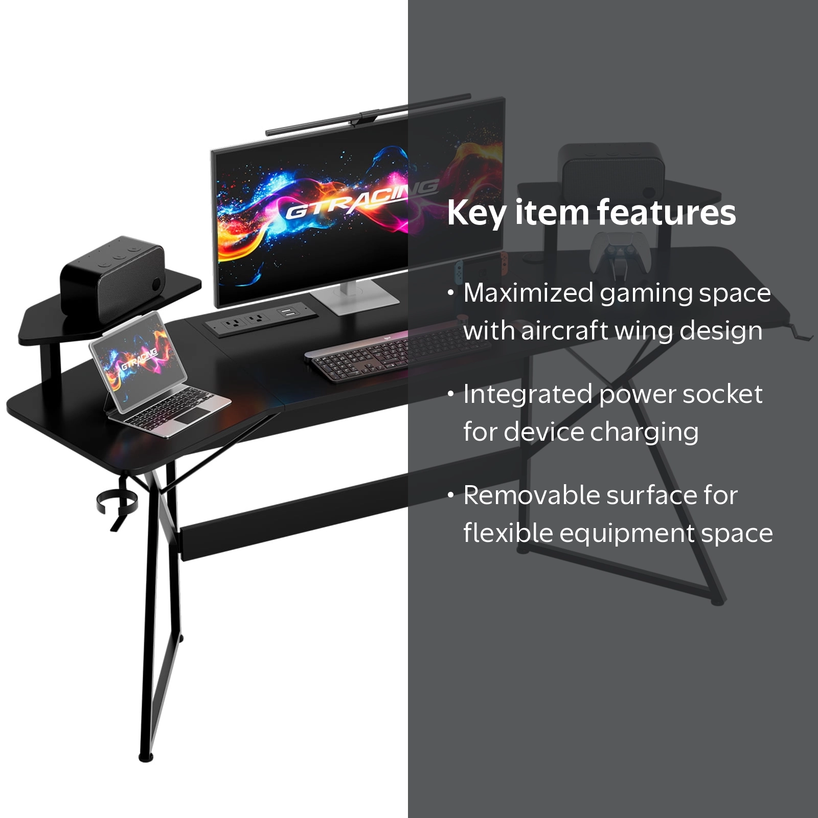 GTRACING Wing-Shaped Gaming Desk with Power Outlet, RGB LED Lights
