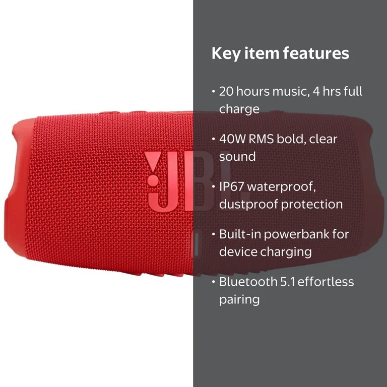 JBL Charge 5 Portable Bluetooth Speaker, Red, Loud Bass, 20 Hours