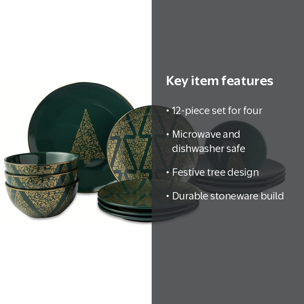 Thyme & Table Holiday Tree 12-Piece Ceramic Dinnerware Set - Green