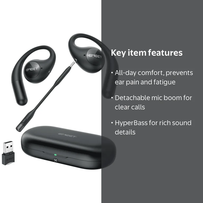 EMEET AirFlow ワイヤレスイヤホン EMEET Airflow (Black) Open-Ear Headsets with Detachable Boompole