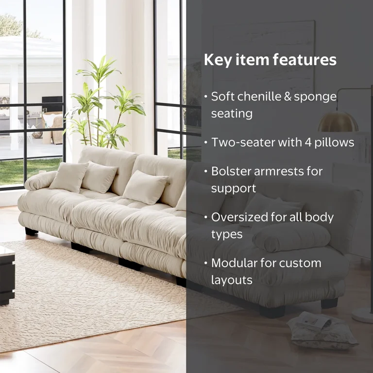 Gewnee White Chenille Cloud Couch 2 Seater Sofa for Living Room