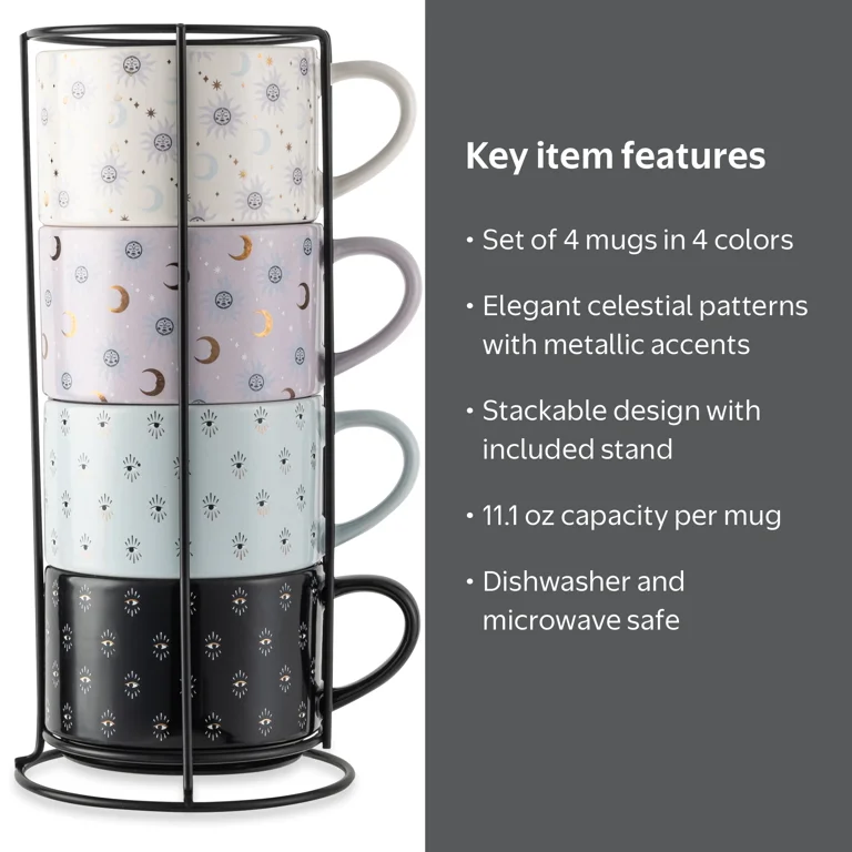 Thyme & Table Celestial Stacking Mugs Set of 4 with Wire Rack 11.1