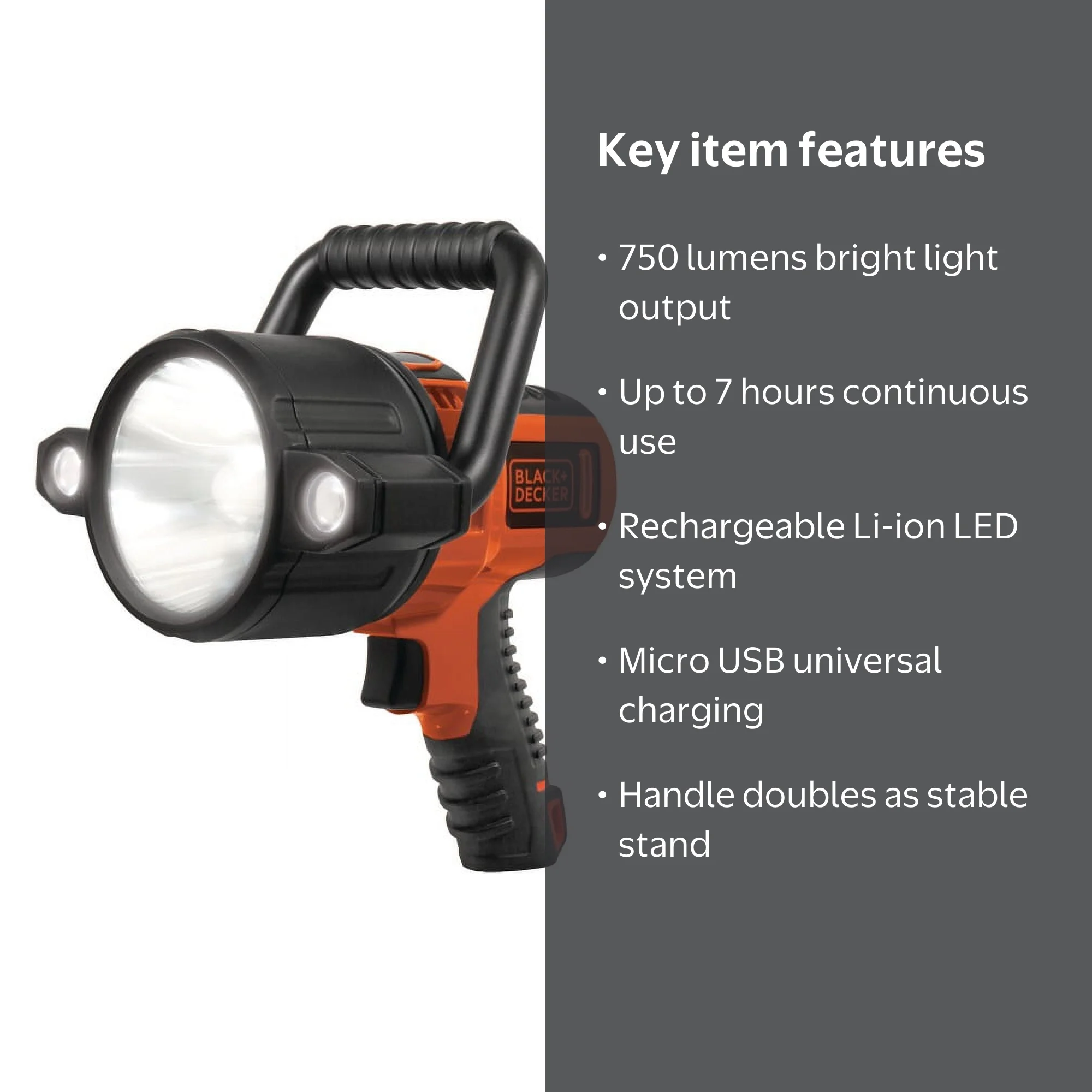 black & decker rechargeable flashlight Black and Decker 750 Lumen LED Li-ion Rechargeable Spotlight (SLV2B) Black  and Orange