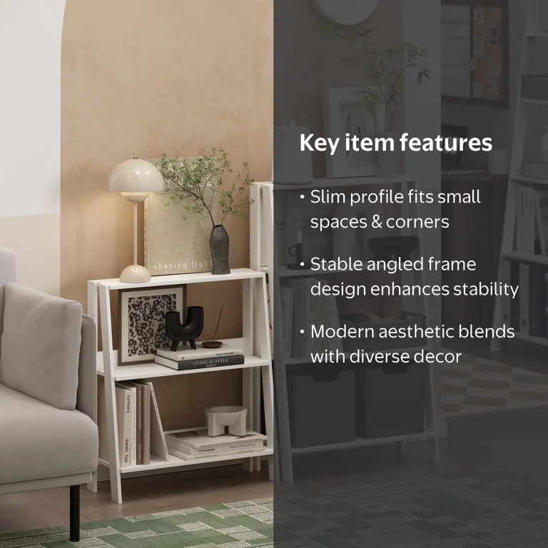 Furinno, Ladder Bookcase Display Shelf, 3-Tier, White - Walmart.com