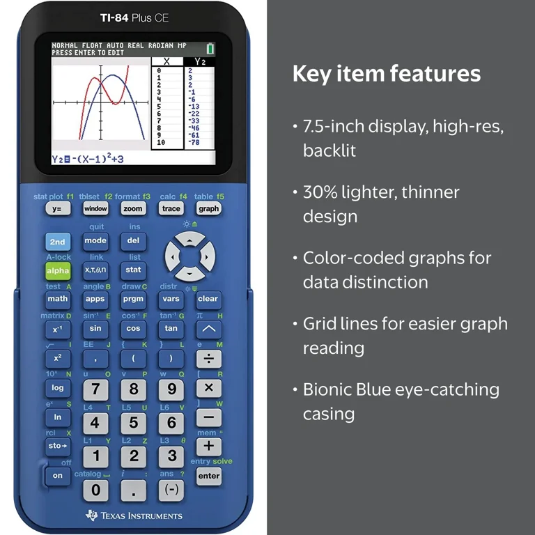 Texas Instruments, Graphing Calculator, TI-84 Plus CE, Bionic Blue