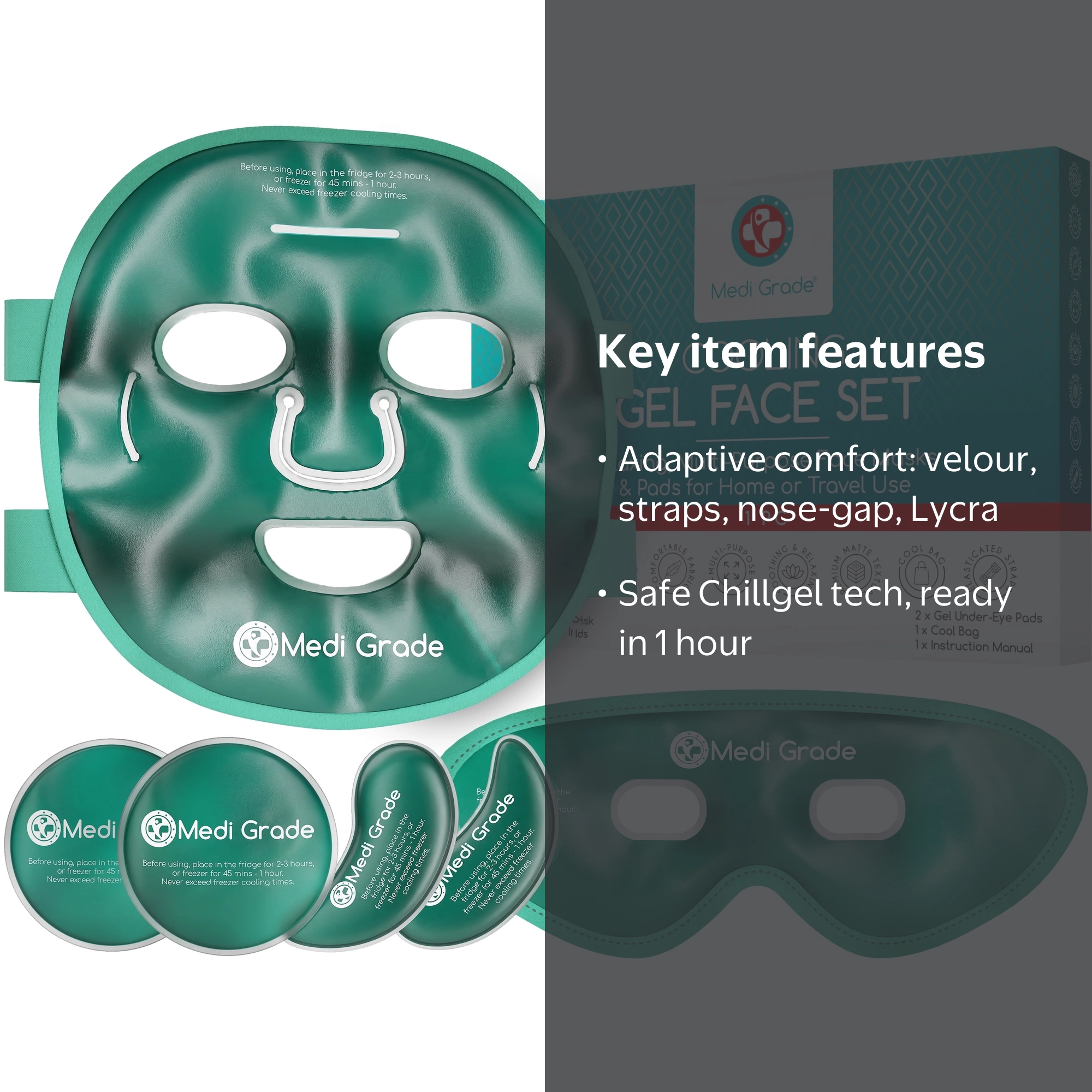 Medi Grade Cooling Eye and Face Mask, Freezable Cold Gel Mask Set