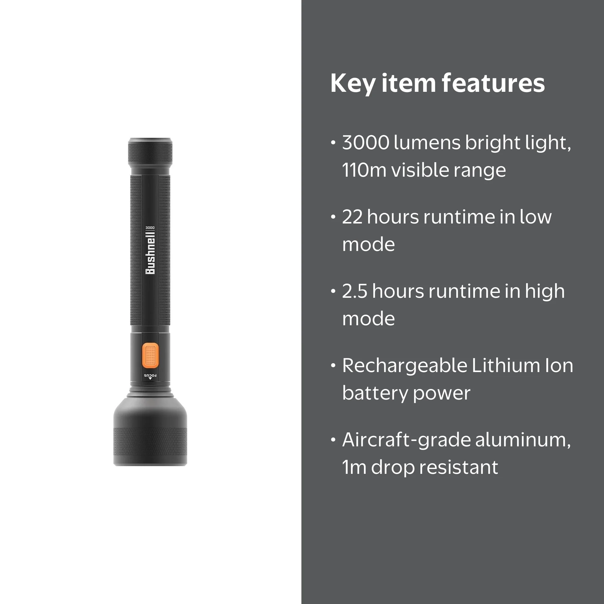 bushnell rechargeable flashlight 3000 lumens Bushnell Long-Range, 3000 Lumen LED Flashlight for Camping: Rechargeable,  Focusing & Weather Resistant