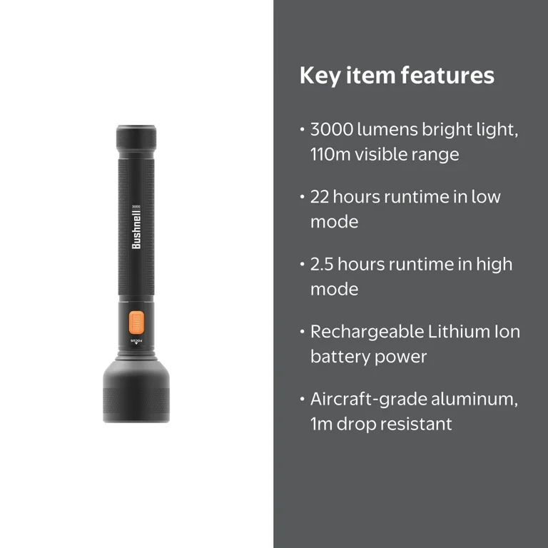 bushnell 20355 pro li ion 1300l rechargeable flashlight | 500L Rubicon Series | Compact, Bright, 1 Mode With its incredible 3300 lumens Bushnell Pro Li Ion Rechargeable