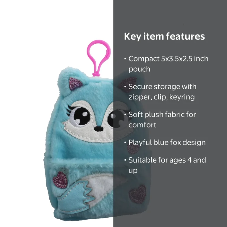 Wonder Nation Blue Fox Pouch Key Ring, Plush Fabric Zippered Bag