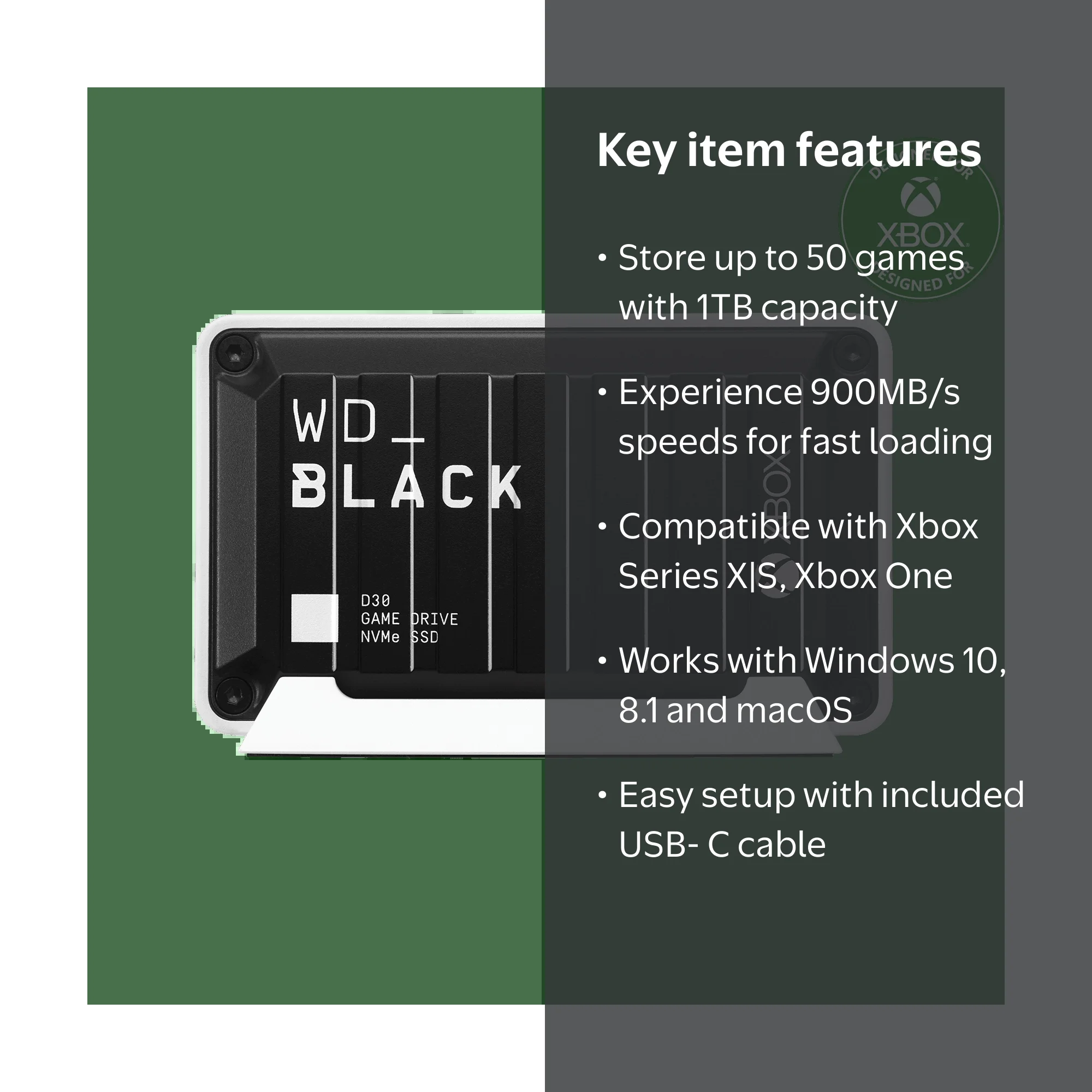 WD_BLACK 1TB D30 Game Drive SSD - Extended Storage for Xbox