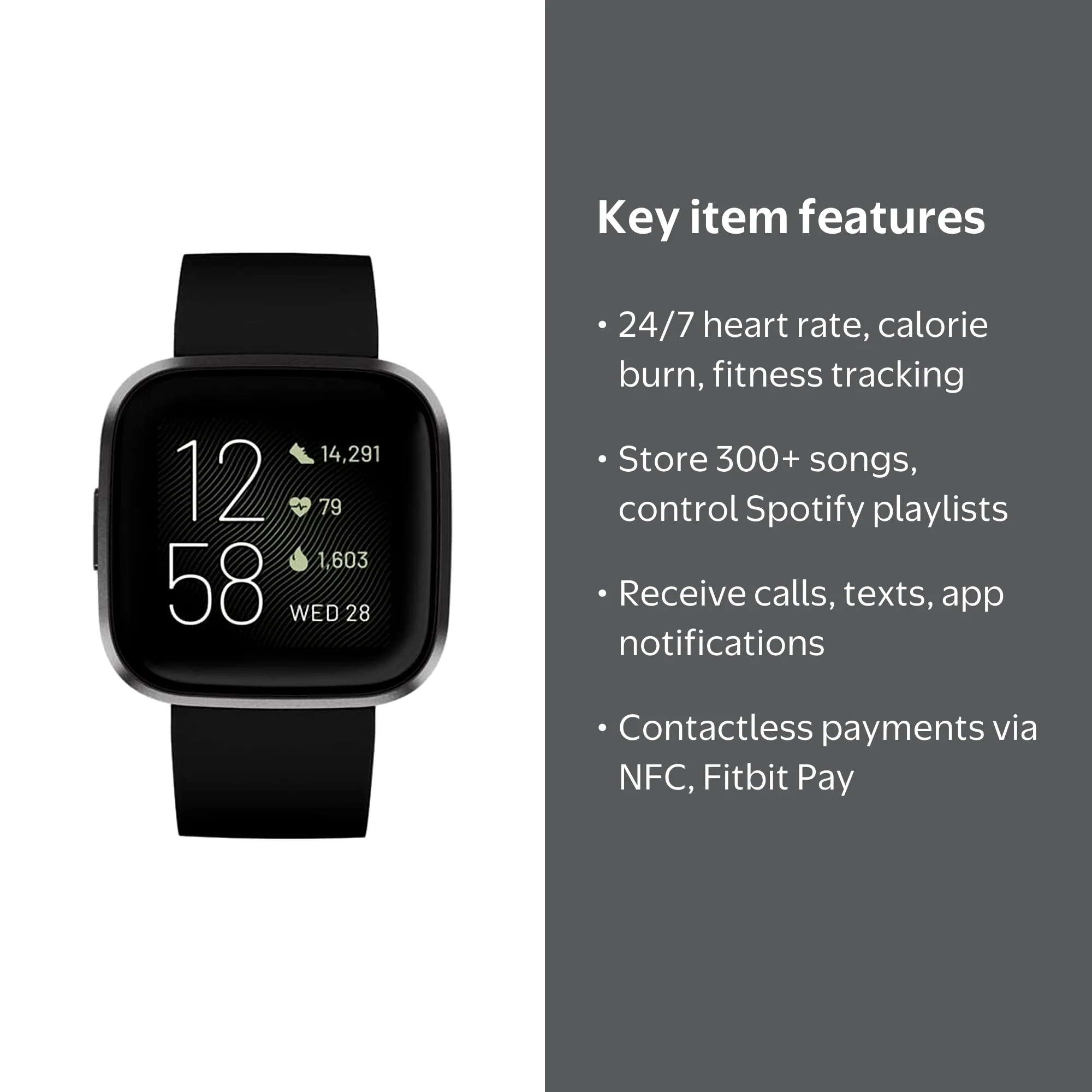 Fitbit Versa 2 Smartwatch, Carbon, Silicone Band, Black, Wi-Fi