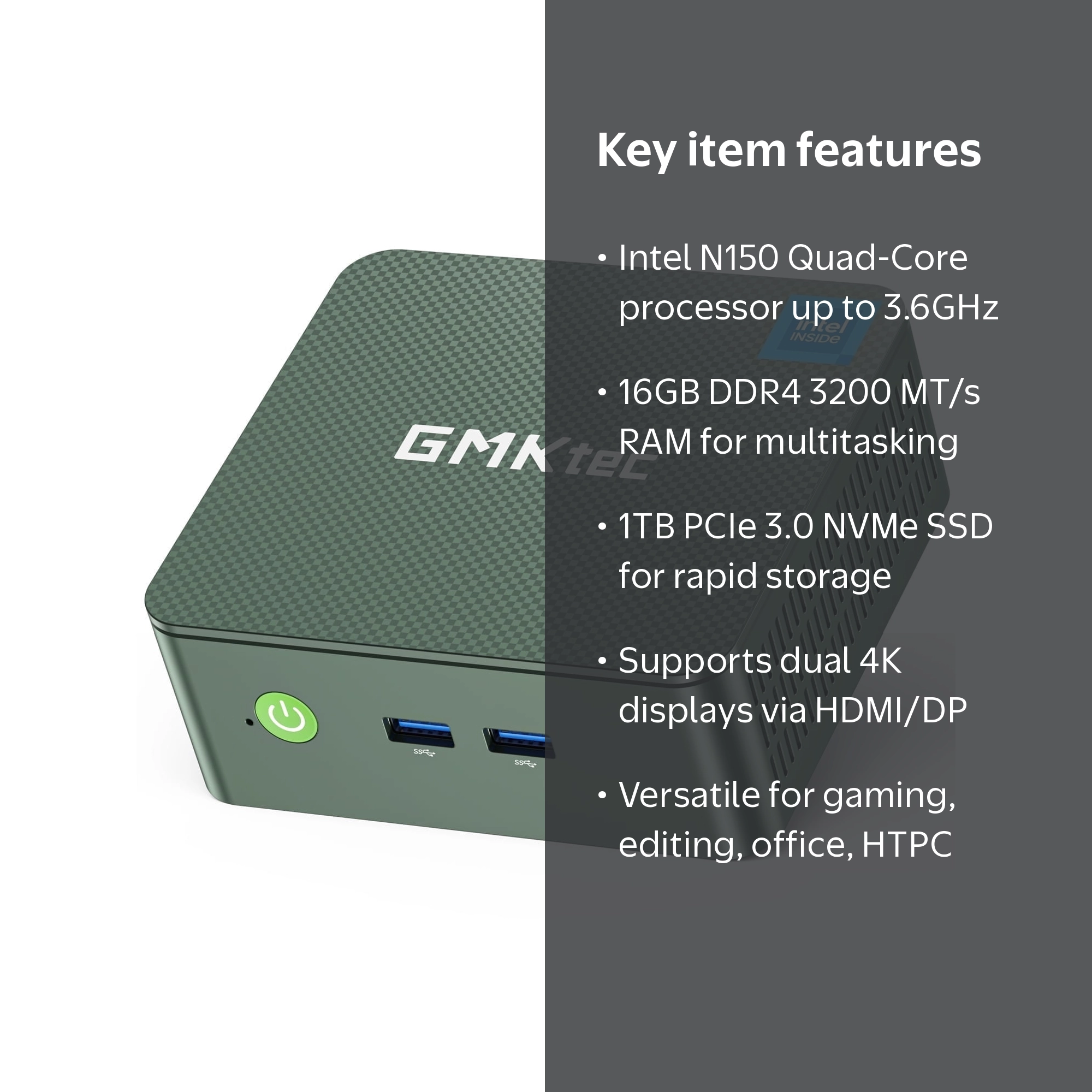 GMKTec Mini PC, 16GB RAM, 1TB SSD, Intel N150 up to 3.6GHz
