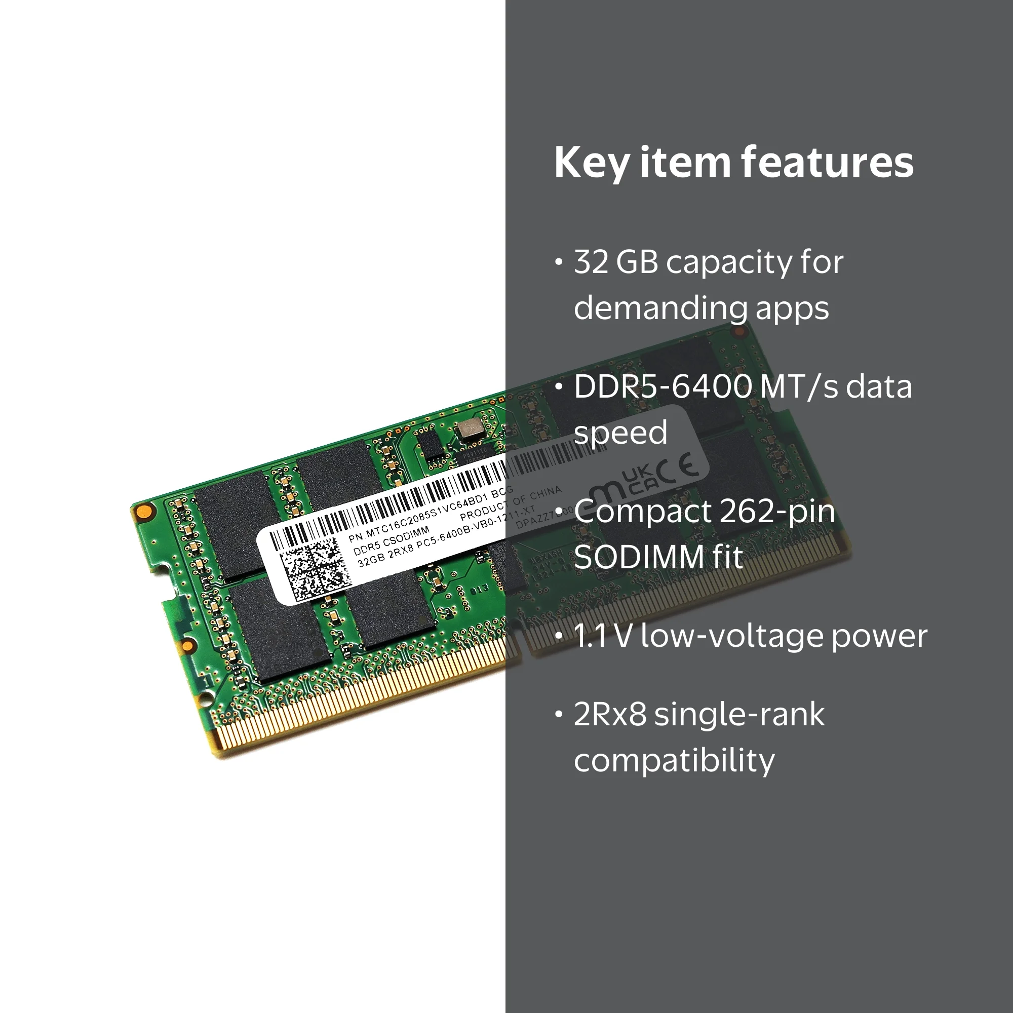 Micron 32GB DDR5-6400 (PC5-6400B) 262-Pin 2Rx8 CSODIMM / SODIMM