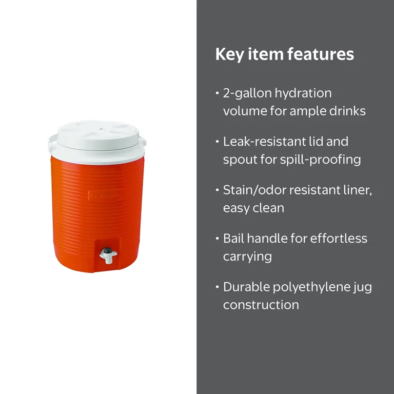 Victory 1530-04-11 Water Cooler Jug, 2 gal, Polyethylene, Orange