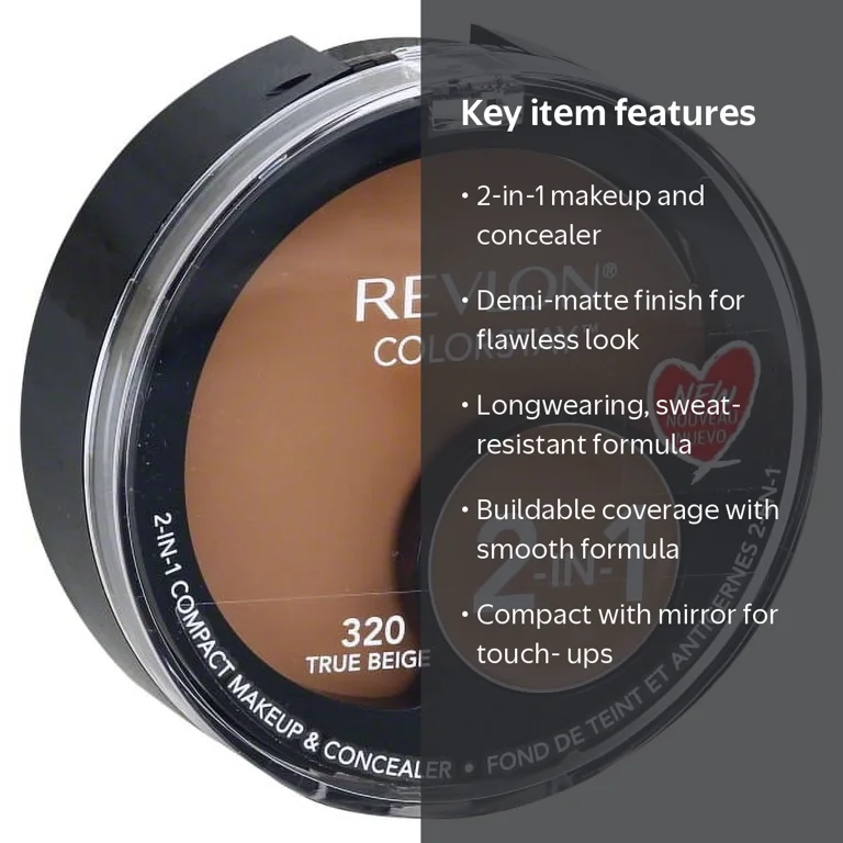 Revlon, 2-in-1 Compact Makeup Concealer, True Beige, 0.38 Oz