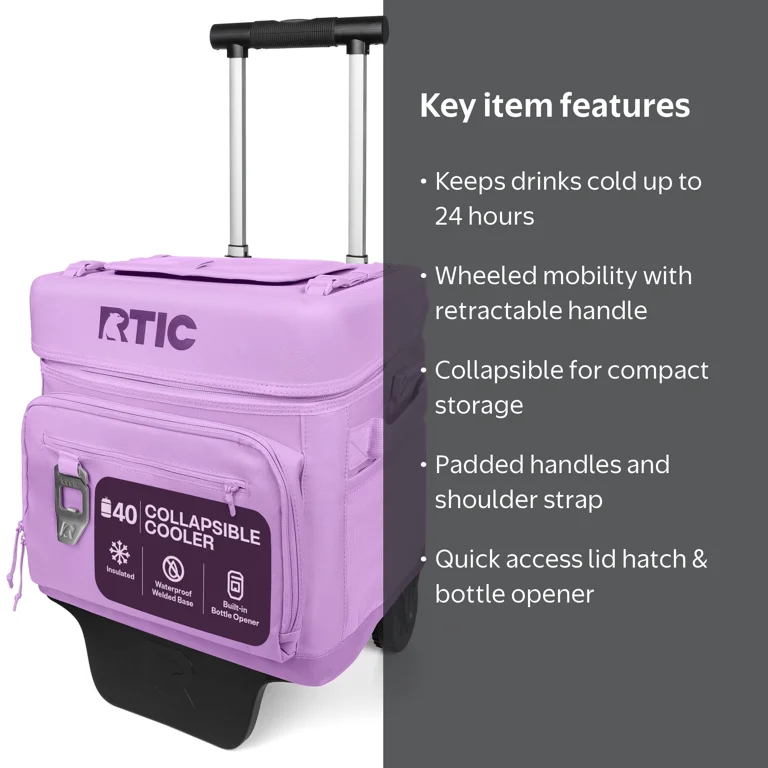 RTIC, Collapsible Wheeled Cooler, 21 Qt, Holds 40 Cans Lavender